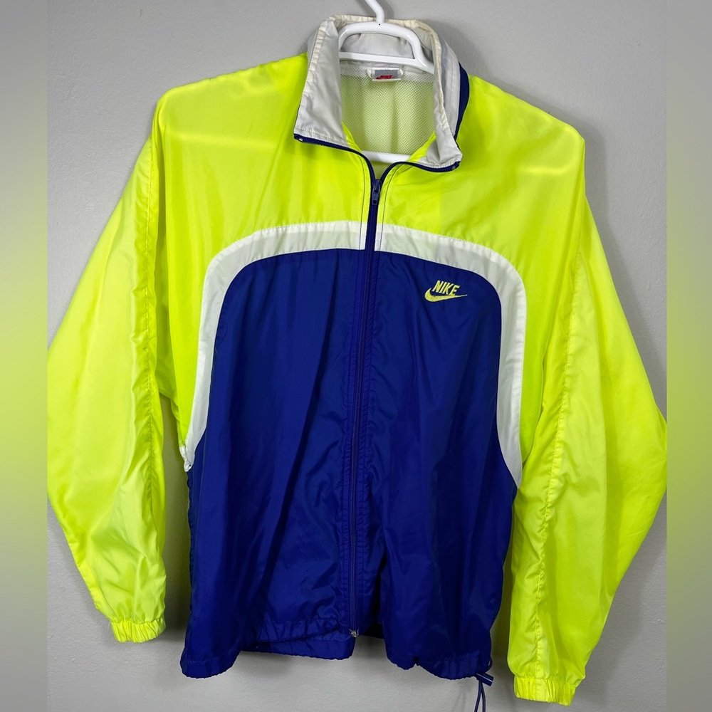 x Nike Windbreaker Jacket Men L Yellow/Blue Full Zip Pockets Hood Activewear